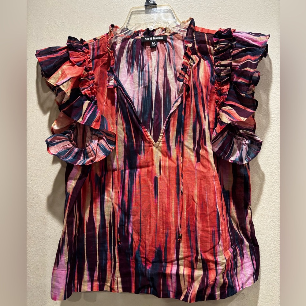 Steve Madden Women's Striped Ruffle Blouse - Red and Pink
